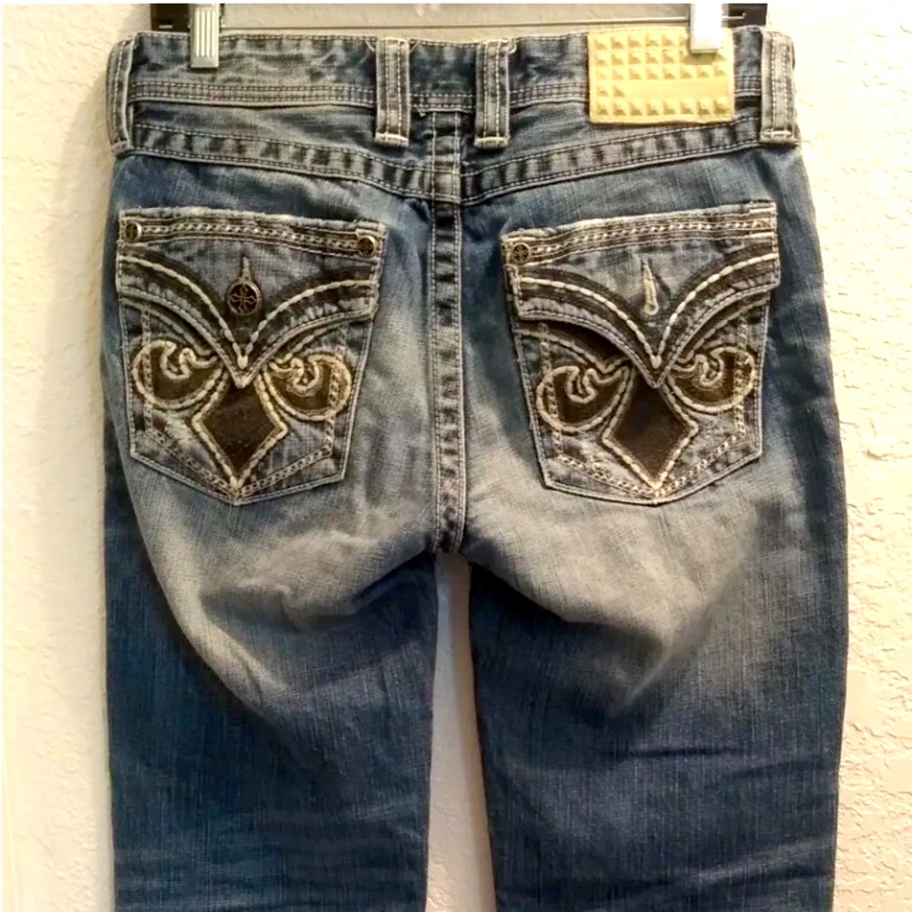 Affliction Black Premium Embroidered Distressed Blue Denim Jeans - Picture 8 of 13